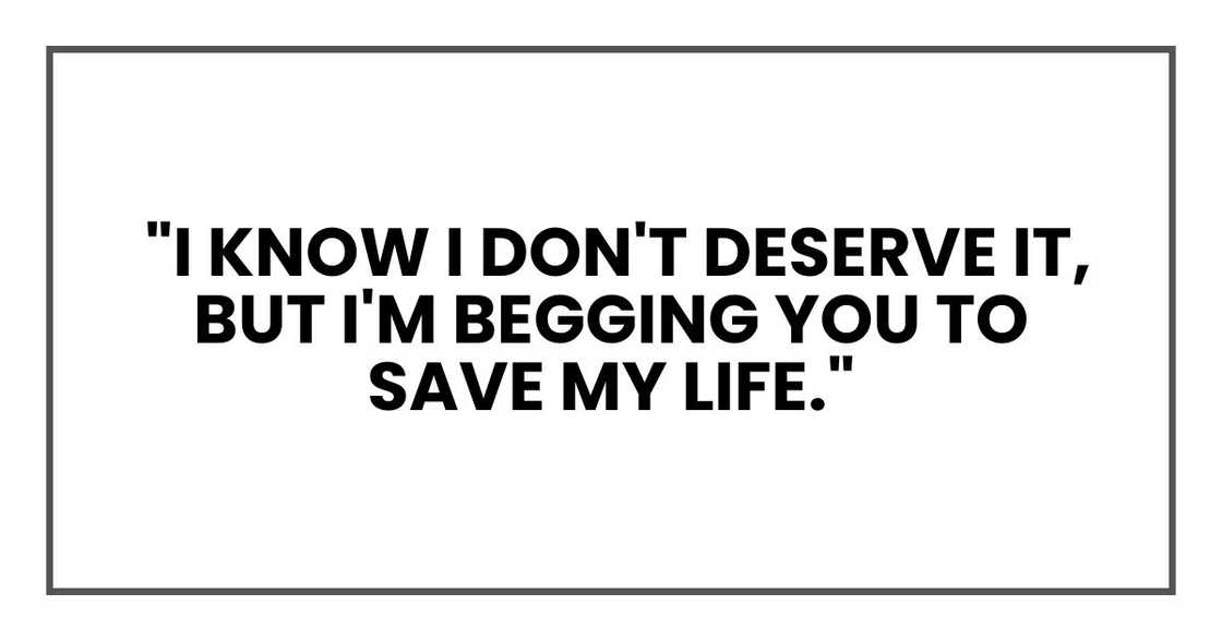 "I know I don't deserve it, but I'm begging you to save my life." "I know I don't deserve it, but I'm begging you to save my life."