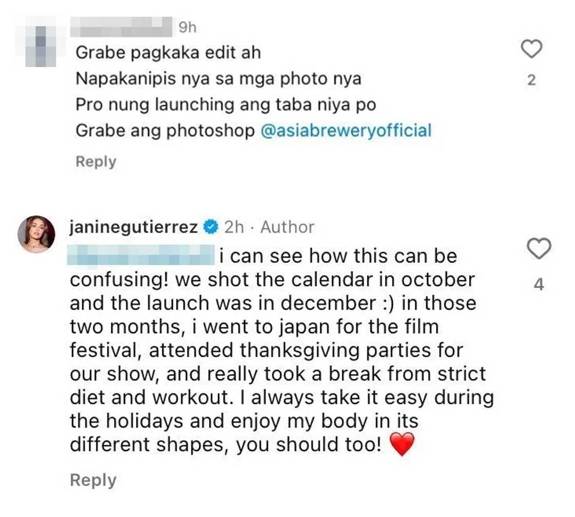 Janine Gutierrez gives classy response to 'grabe pagkaka-edit' comment on calendar shoot Janine Gutierrez gives classy response to 'grabe pagkaka-edit' comment on calendar shoot