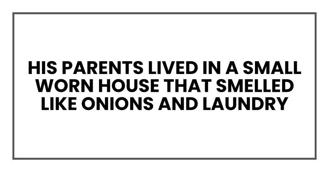 His parents lived in a small, worn house that smelled like onions and laundry His parents lived in a small, worn house that smelled like onions and laundry