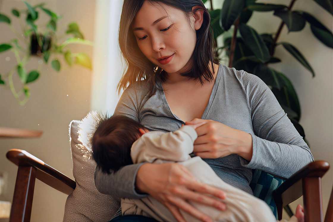 A mother breastfeeding a baby in an armchair