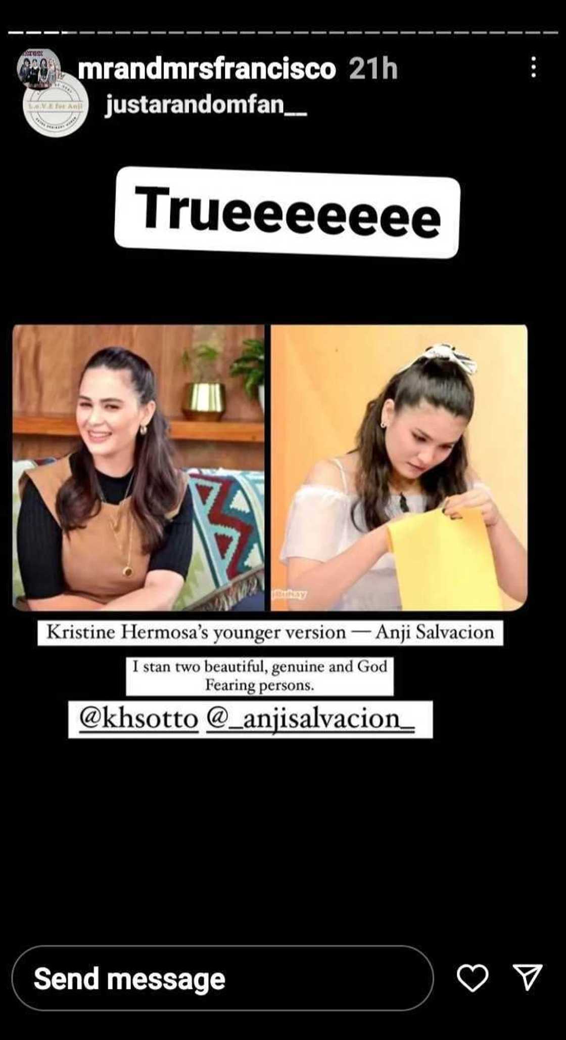 Melai Cantiveros on fan's post about Kristine Hermosa, Anji Salvacion's resemblance: "True" Melai Cantiveros on fan's post about Kristine Hermosa, Anji Salvacion's resemblance: "True"