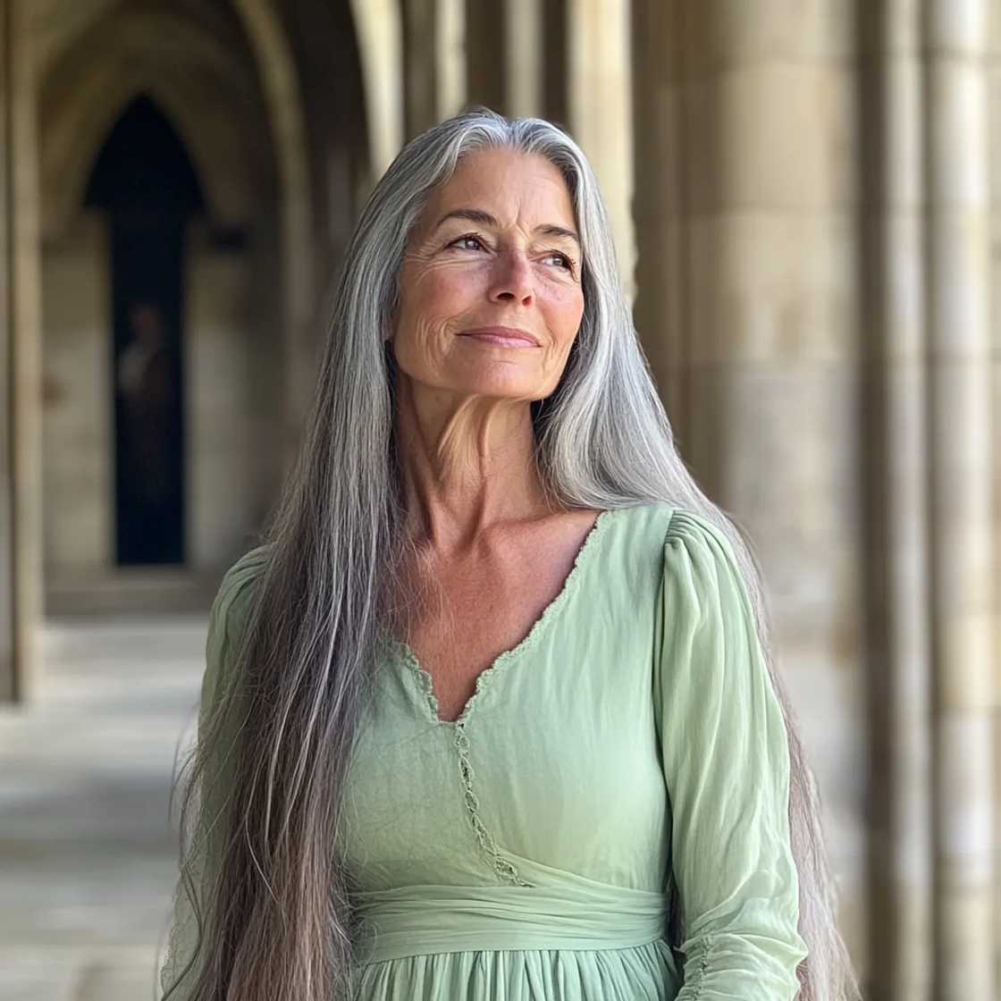 A smiling older woman standing outside a church A smiling older woman standing outside a church