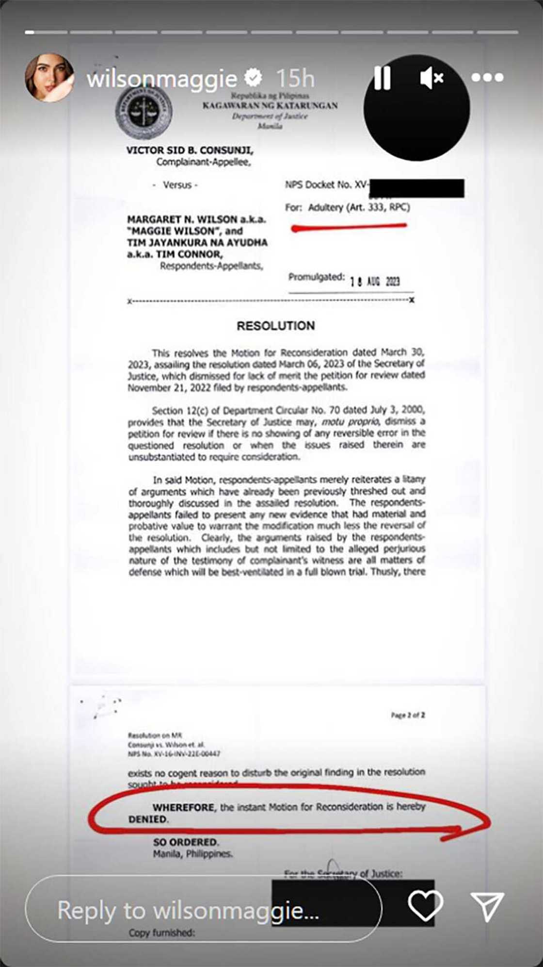 Maggie Wilson, shinare sa socmed pagbasura ng DOJ sa “Motion for Reconsideration” nila ni Tim Connor Maggie Wilson, shinare sa socmed pagbasura ng DOJ sa “Motion for Reconsideration” nila ni Tim Connor