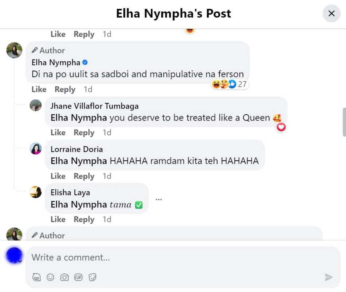Elha Nympha, panibagong cryptic comment, pinagpipiyestahan ng netizens: "Di na po uulit sa sadboi" Elha Nympha, panibagong cryptic comment, pinagpipiyestahan ng netizens: "Di na po uulit sa sadboi"