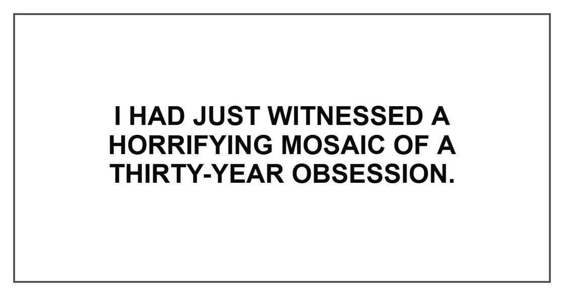 I had just witnessed a horrifying mosaic of a thirty-year obsession. I had just witnessed a horrifying mosaic of a thirty-year obsession.