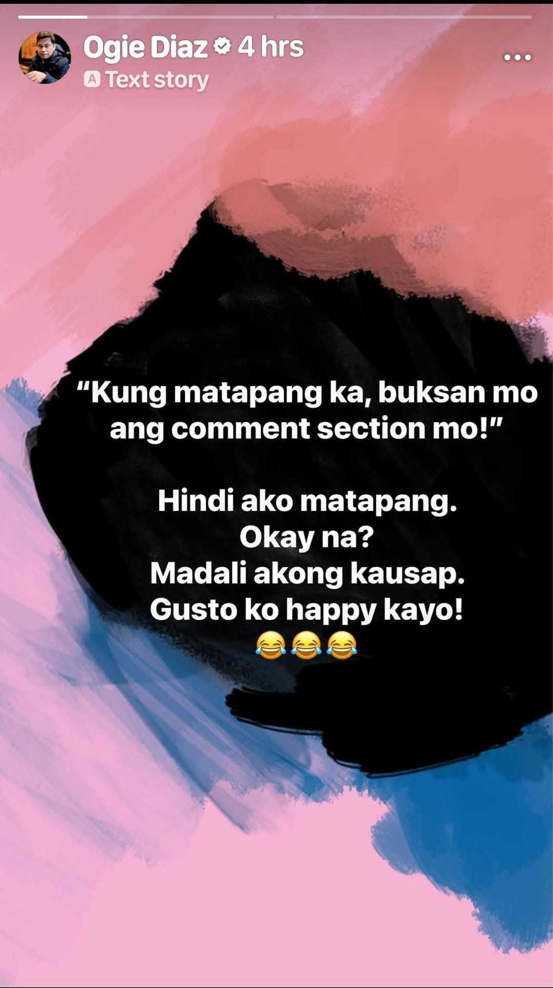 Ogie Diaz responds to “kung matapang ka, buksan mo ang comment section mo” dare