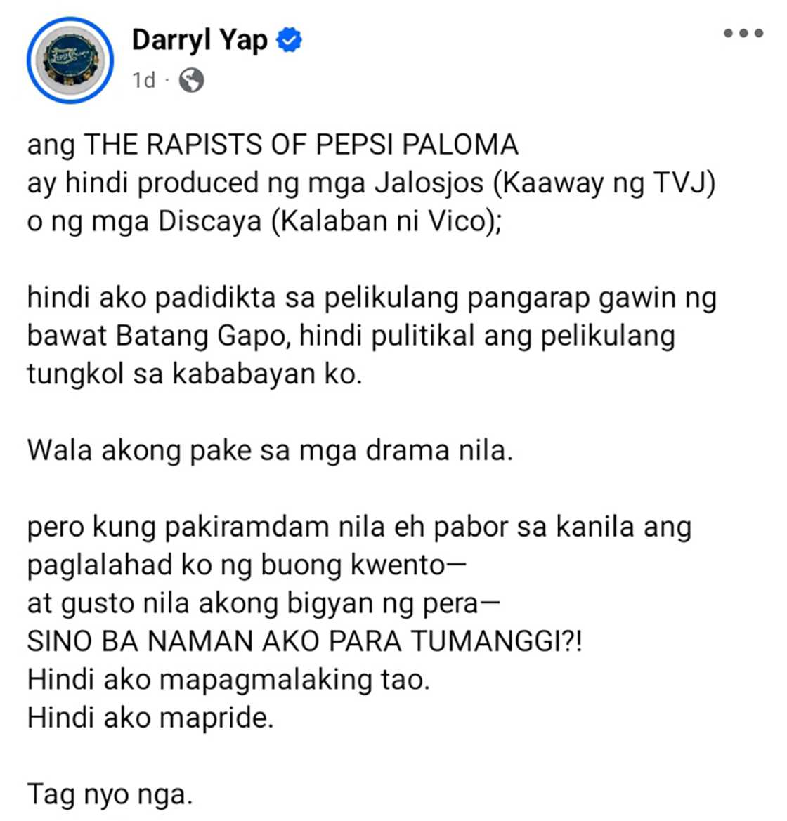 Darryl Yap, di tatanggi kung bibigyan ng pera ng kalaban ng mga Sotto dahil sa gawang pelikula Darryl Yap, di tatanggi kung bibigyan ng pera ng kalaban ng mga Sotto dahil sa gawang pelikula