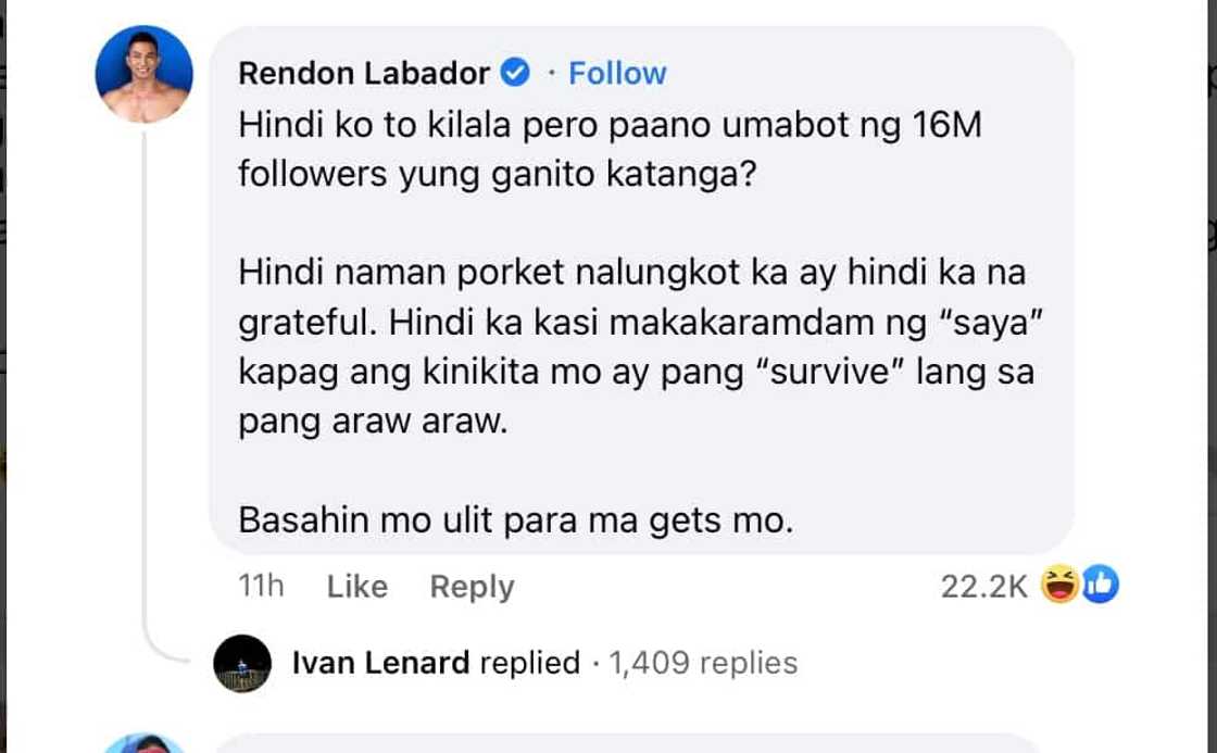 Rendon Labador, umalma sa post ni Donnalyn Bartolome ukol sa sad workers