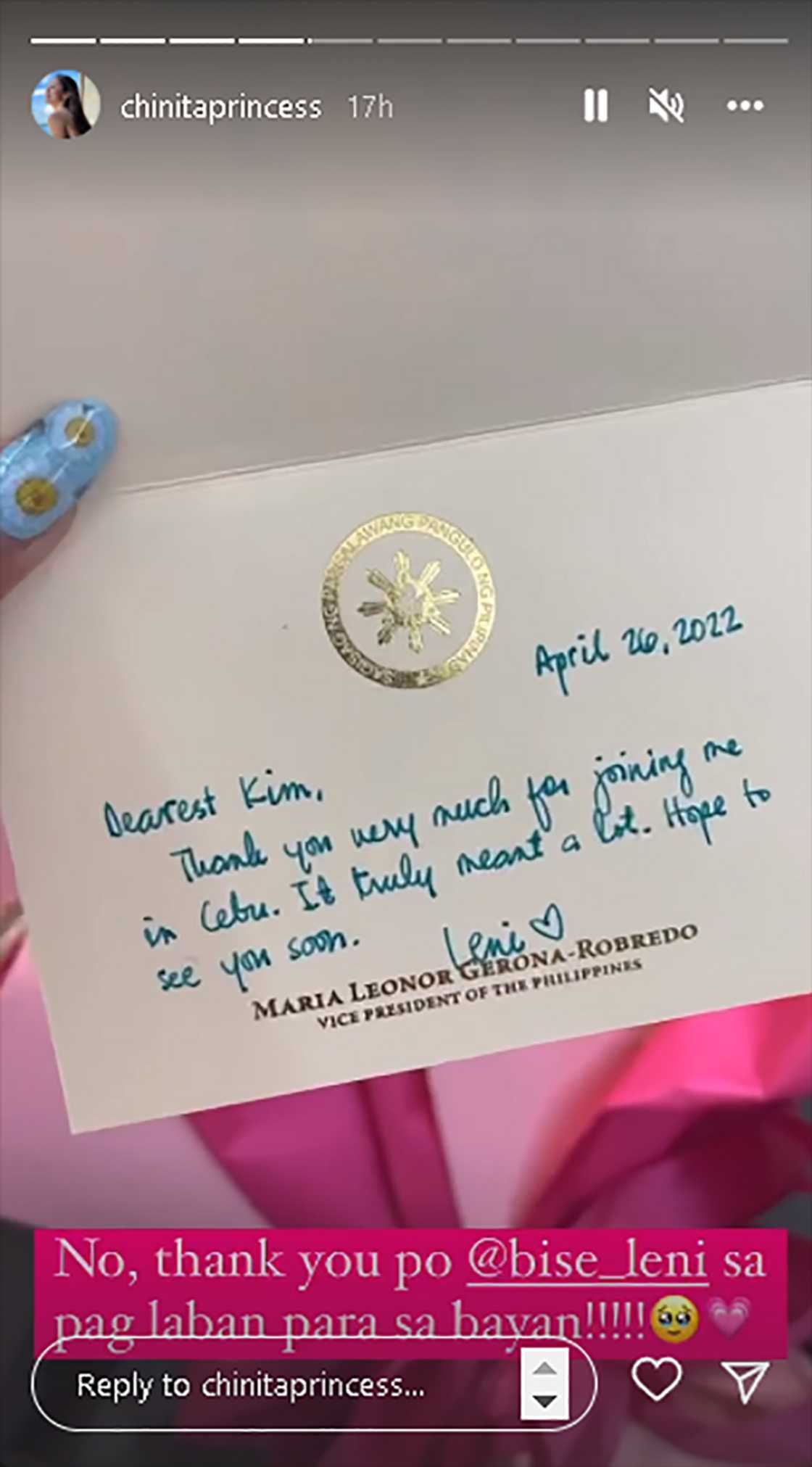 Kim Chiu, ibinida ang ipinadalang bulaklak at sulat ni VP Leni Robredo: “OMG! Nanginginig me!”