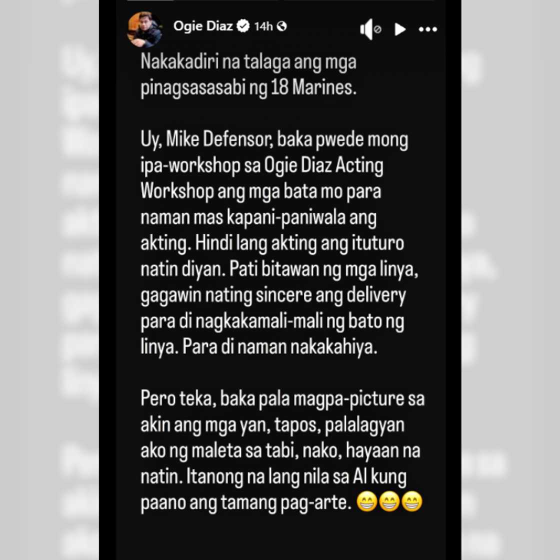 Ogie Diaz, naglabas ng matinding banat sa 18 Marines; Mike Defensor, pinatamaan sa acting workshop Ogie Diaz, naglabas ng matinding banat sa 18 Marines; Mike Defensor, pinatamaan sa acting workshop