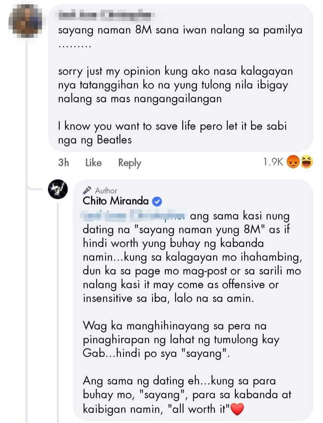Chito Miranda lectures netizens criticizing fundraising for Gab Chee Kee (Screenshot by Fashion Pulis) Chito Miranda lectures netizens criticizing fundraising for Gab Chee Kee (Screenshot by Fashion Pulis)