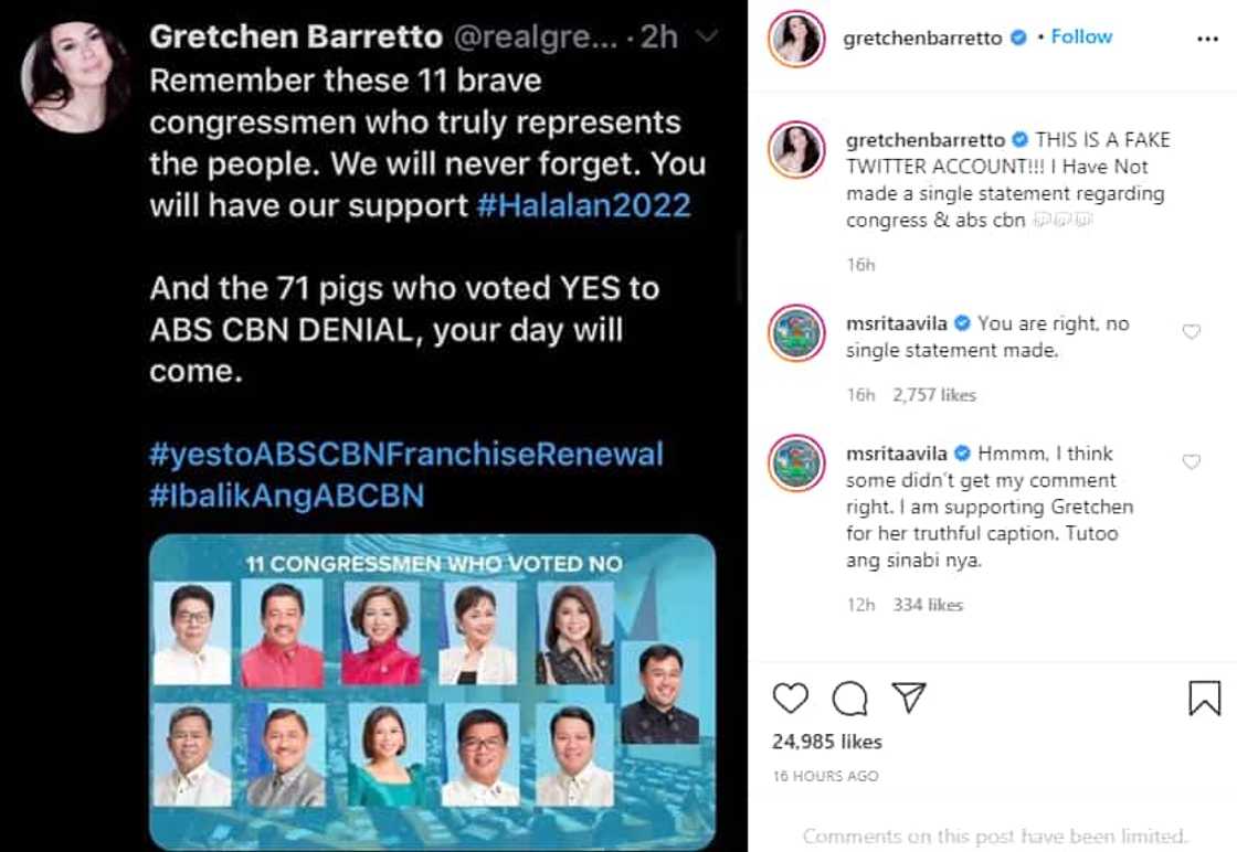 Rita Avila's frank comment on Gretchen Barretto's post about ABS-CBN goes viral Rita Avila's frank comment on Gretchen Barretto's post about ABS-CBN goes viral