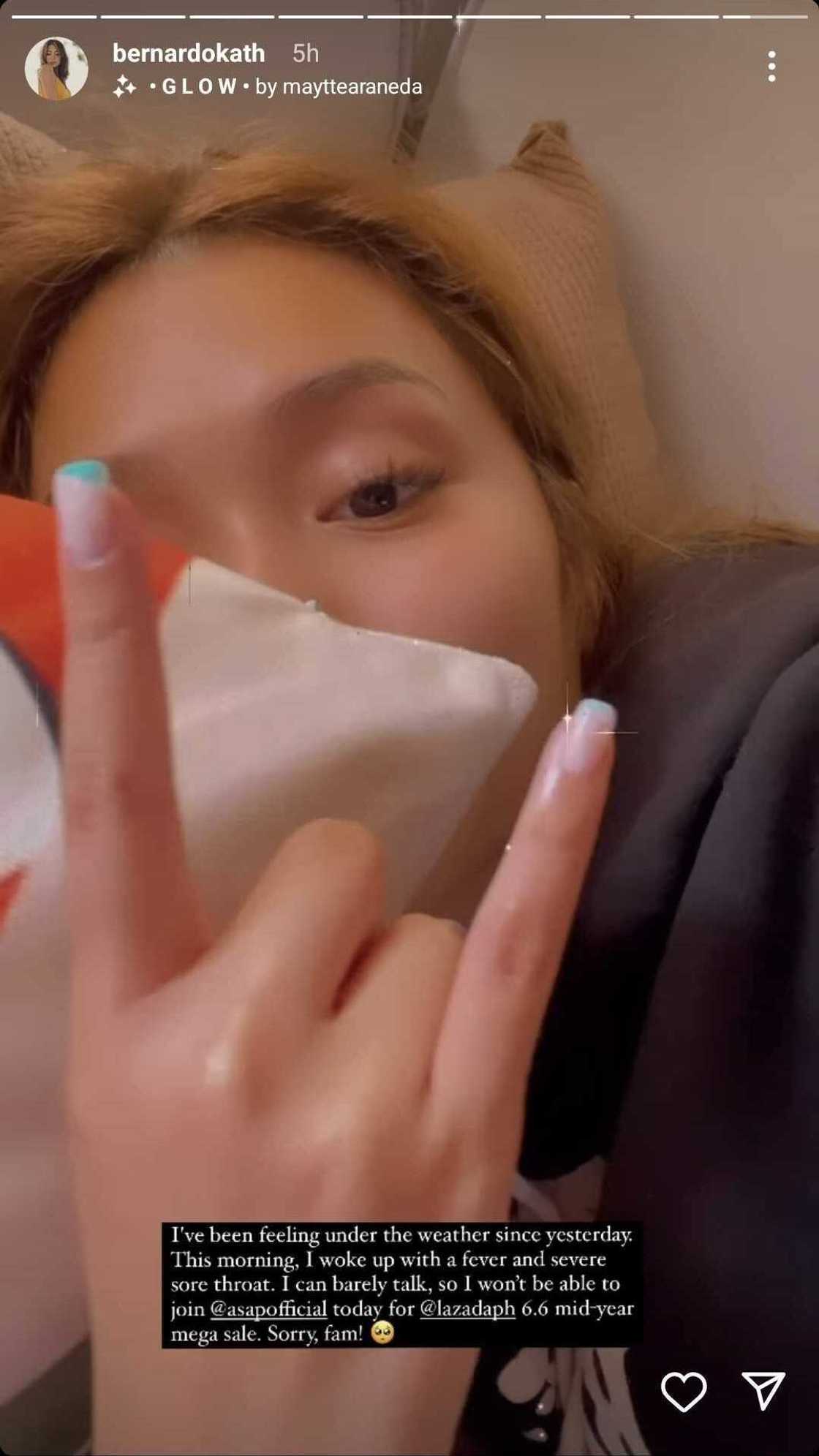 Kathryn Bernardo, unable to attend ASAP; suffers from fever, severe sore throat Kathryn Bernardo, unable to attend ASAP; suffers from fever, severe sore throat