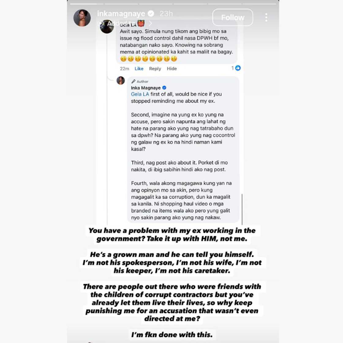 Inka Magnaye, sinagot ang netizen na nag-ugnay sa kanya sa isyu ng DPWH ng kanyang ex Inka Magnaye, sinagot ang netizen na nag-ugnay sa kanya sa isyu ng DPWH ng kanyang ex