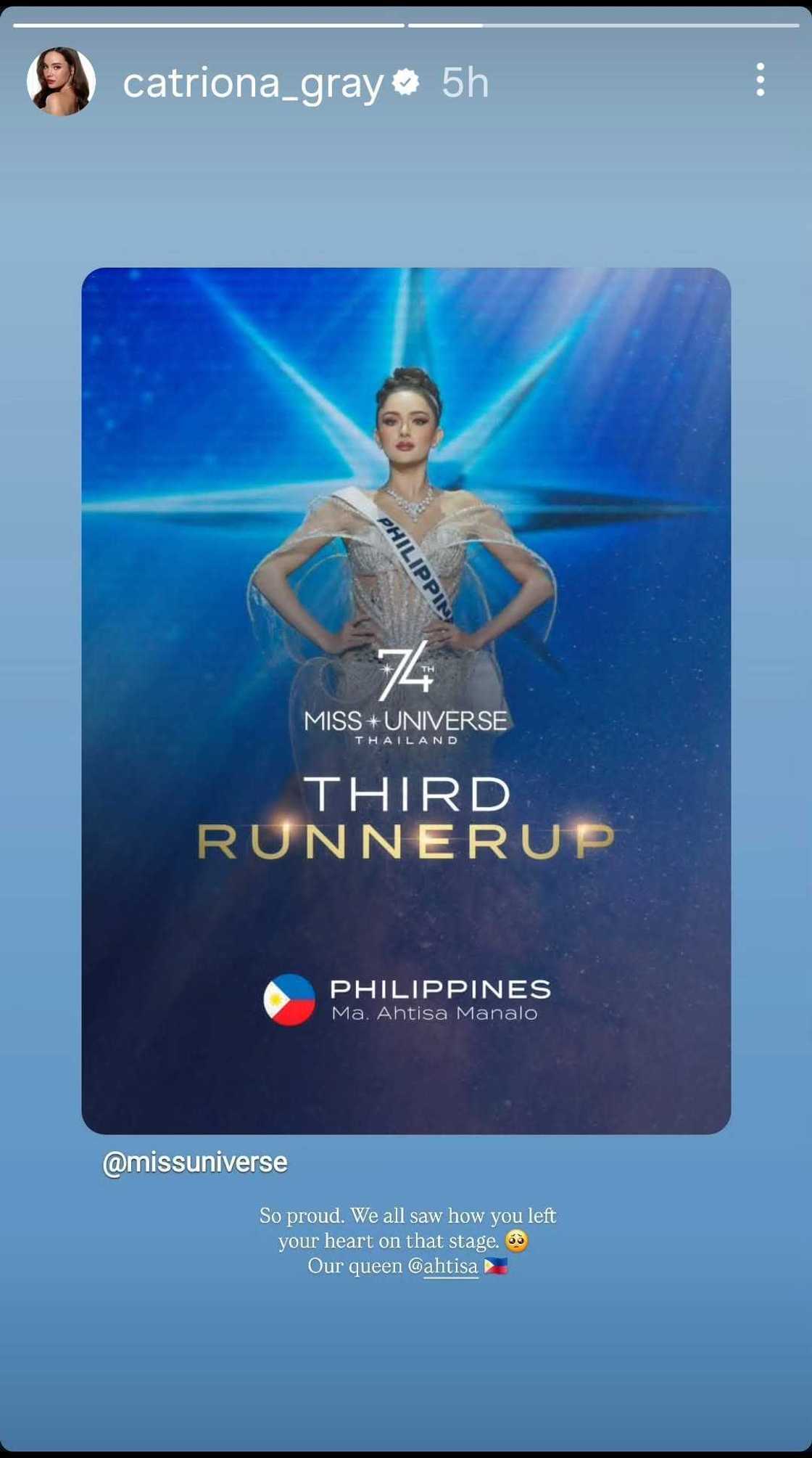 Catriona Gray shares supportive message for Ahtisa Manalo after Miss Universe 2025 pageant