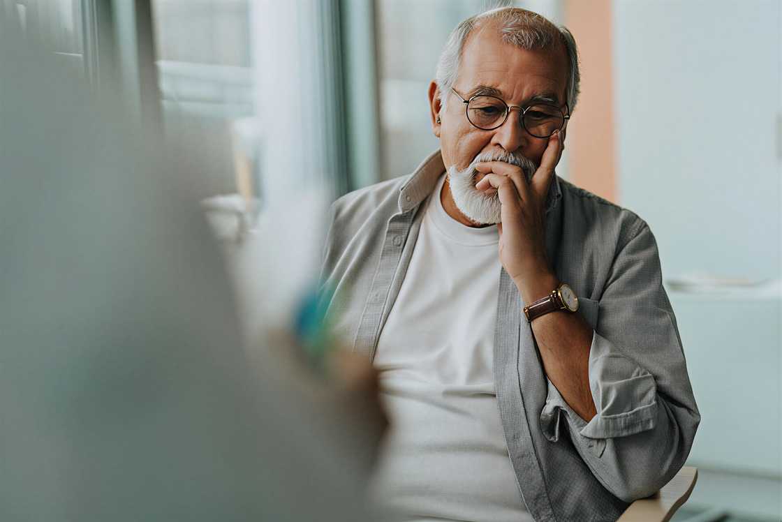 Thoughtful senior male with hand on chin