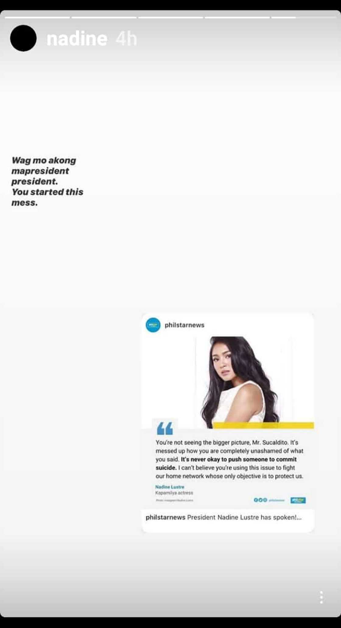 Nadine Lustre calls out PhilstarNews for its "President Nadine Lustre has spoken" post Nadine Lustre calls out PhilstarNews for its "President Nadine Lustre has spoken" post