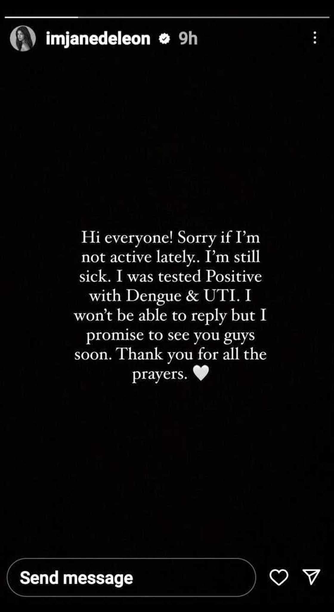 Jane De Leon suffers from dengue & UTI; apologizes to fans for not being active lately Jane De Leon suffers from dengue & UTI; apologizes to fans for not being active lately