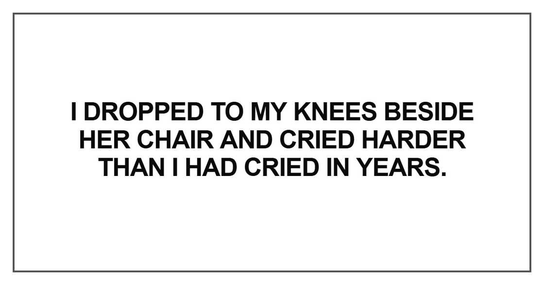 I dropped to my knees beside her chair and cried harder than I had cried in years.