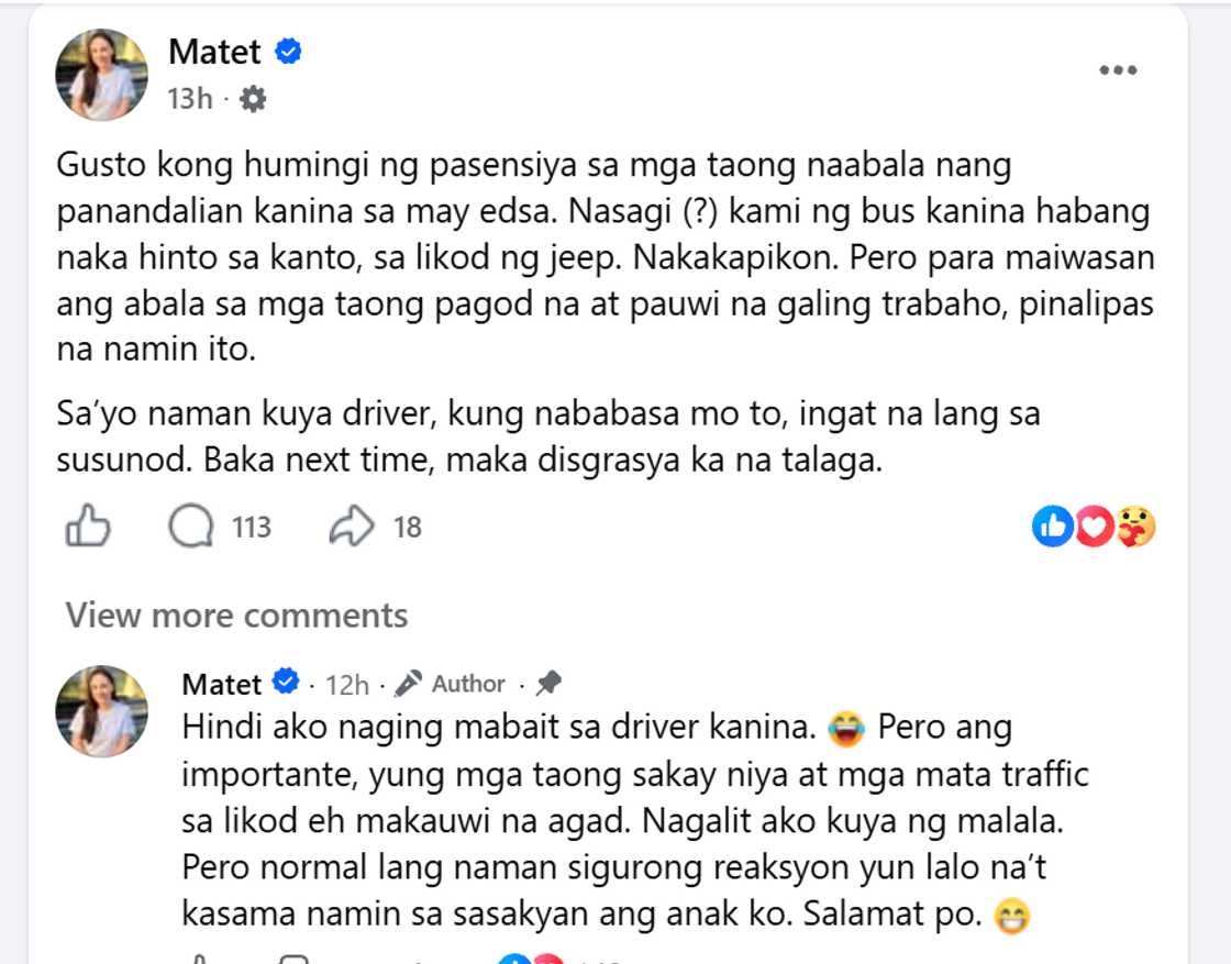 Matet De Leon, humingi ng paumanhin matapos magalit sa bus driver sa EDSA