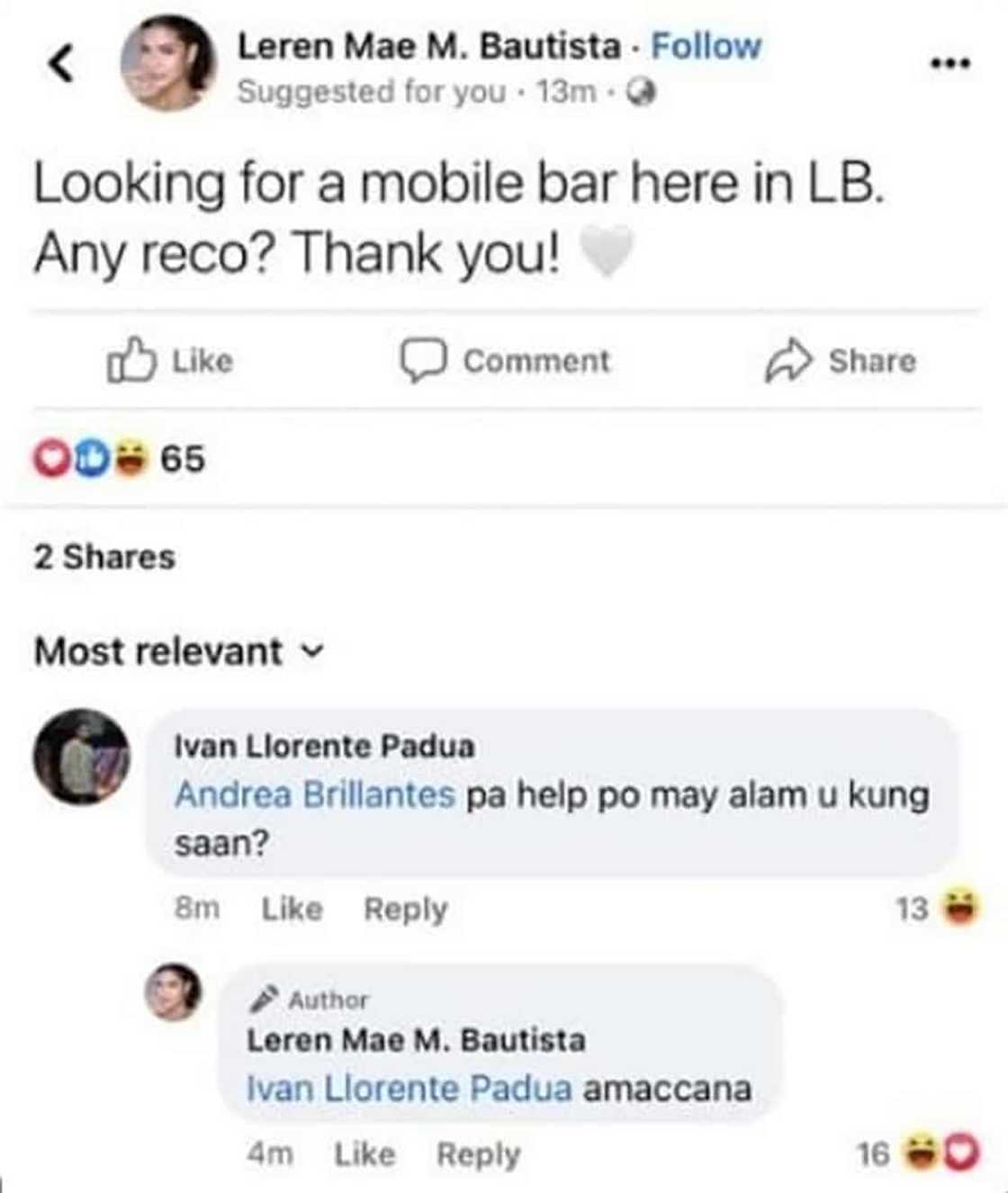 Leren Mae Bautista, niresbakan isang netizen na nag-comment sa kanyang post: “Amaccana”