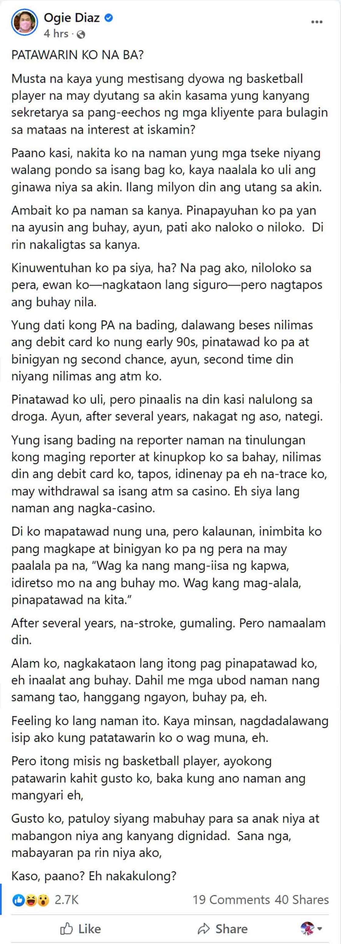 Ogie Diaz, pinag-iisipan kung sisingilin pa jowa ng basketball player na nagkautang ng ilang milyon sa kanya