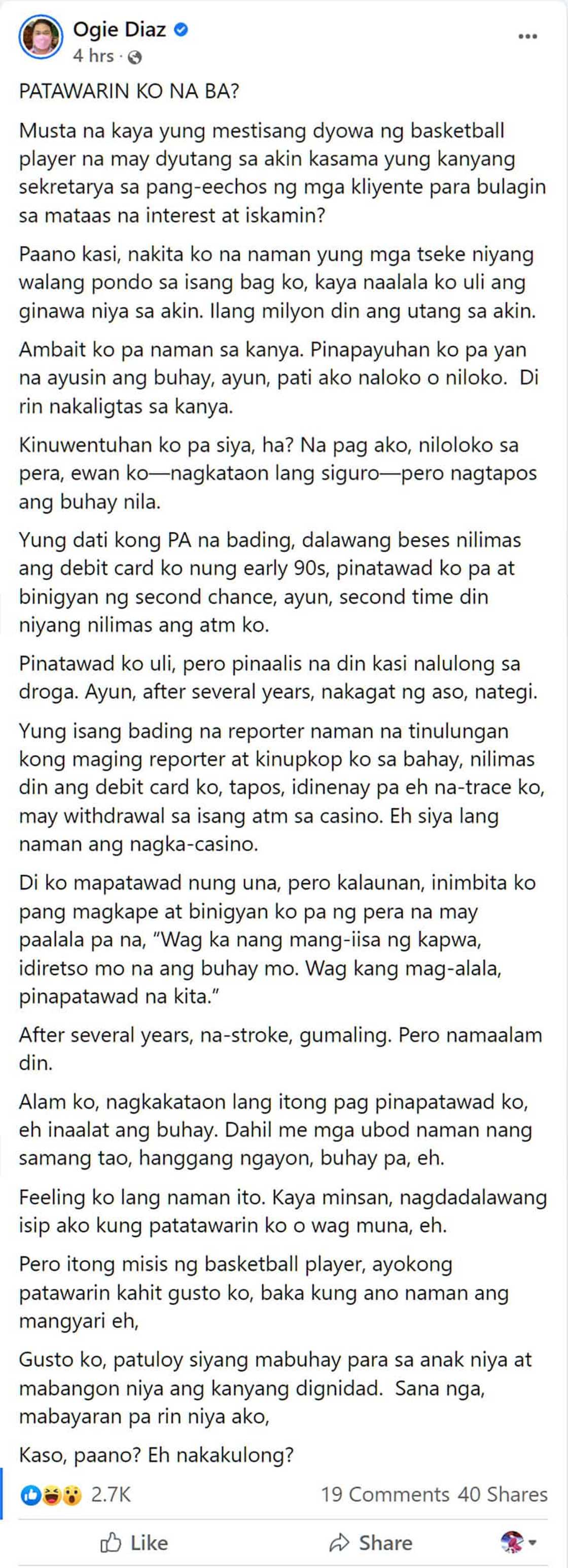 Ogie Diaz, pinag-iisipan kung sisingilin pa jowa ng basketball player na nagkautang ng ilang milyon sa kanya Ogie Diaz, pinag-iisipan kung sisingilin pa jowa ng basketball player na nagkautang ng ilang milyon sa kanya