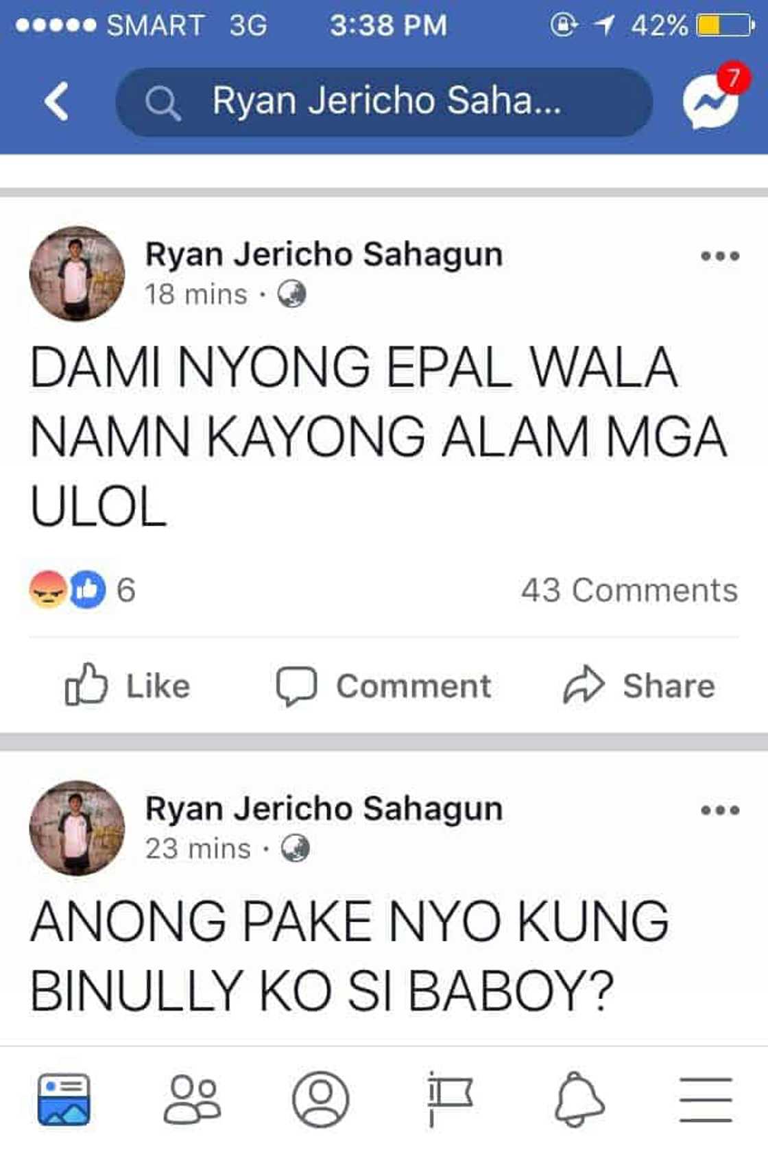 Netizens, umuusok sa galit sa yabang ng bully sa viral video ng pambubully sa Pitogo High School Netizens, umuusok sa galit sa yabang ng bully sa viral video ng pambubully sa Pitogo High School