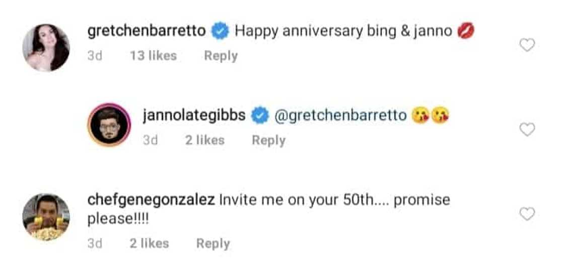Gretchen Barretto, other celebrities greet Janno Gibbs and Bing Loyzaga on their anniversary Gretchen Barretto, other celebrities greet Janno Gibbs and Bing Loyzaga on their anniversary