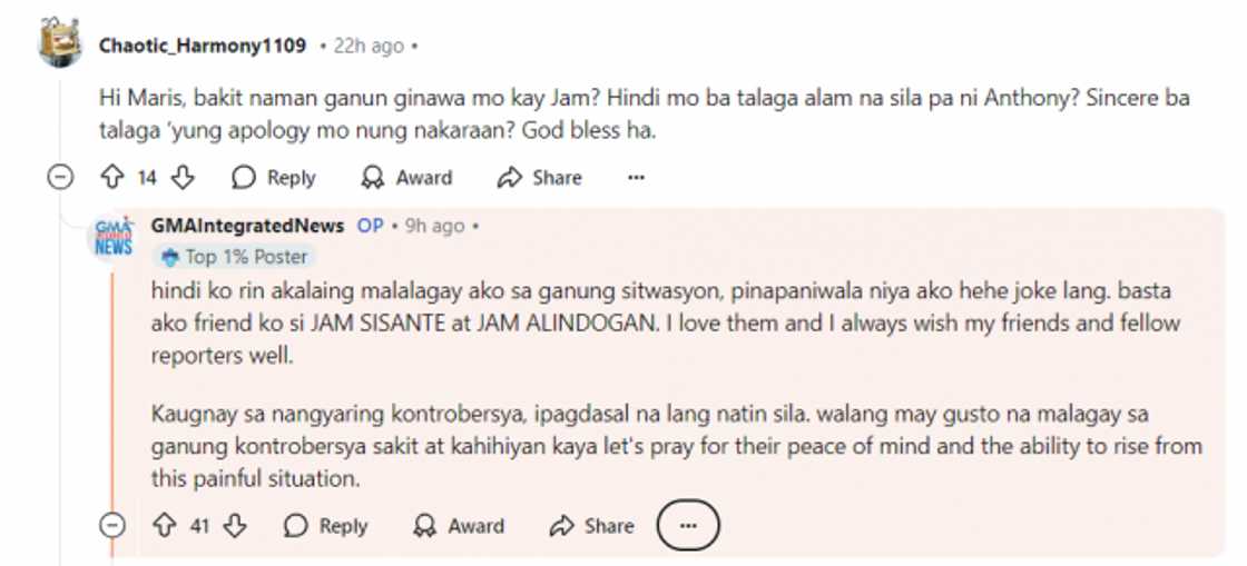 Mariz Umali, nag-react matapos mag-trending dahil sa Maris Racal-Anthony Jennings issue (Screenshot from Reddit)