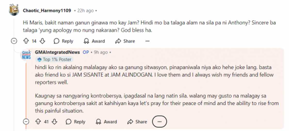 Mariz Umali, nag-react matapos mag-trending dahil sa Maris Racal-Anthony Jennings issue (Screenshot from Reddit) Mariz Umali, nag-react matapos mag-trending dahil sa Maris Racal-Anthony Jennings issue (Screenshot from Reddit)