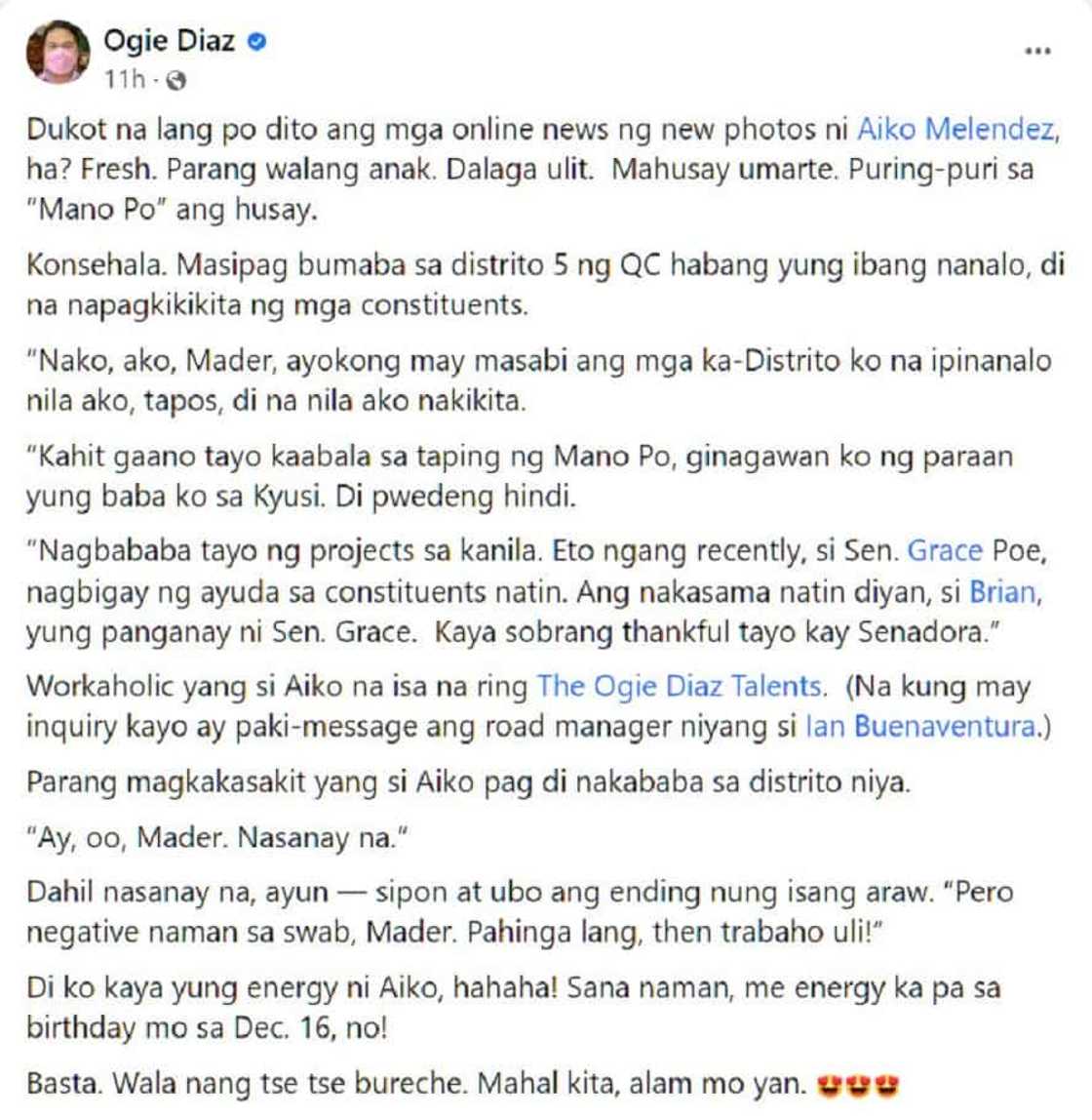 Aiko Melendez, pinuri ni Ogie Diaz sa isang socmed post: “Mahusay umarte”