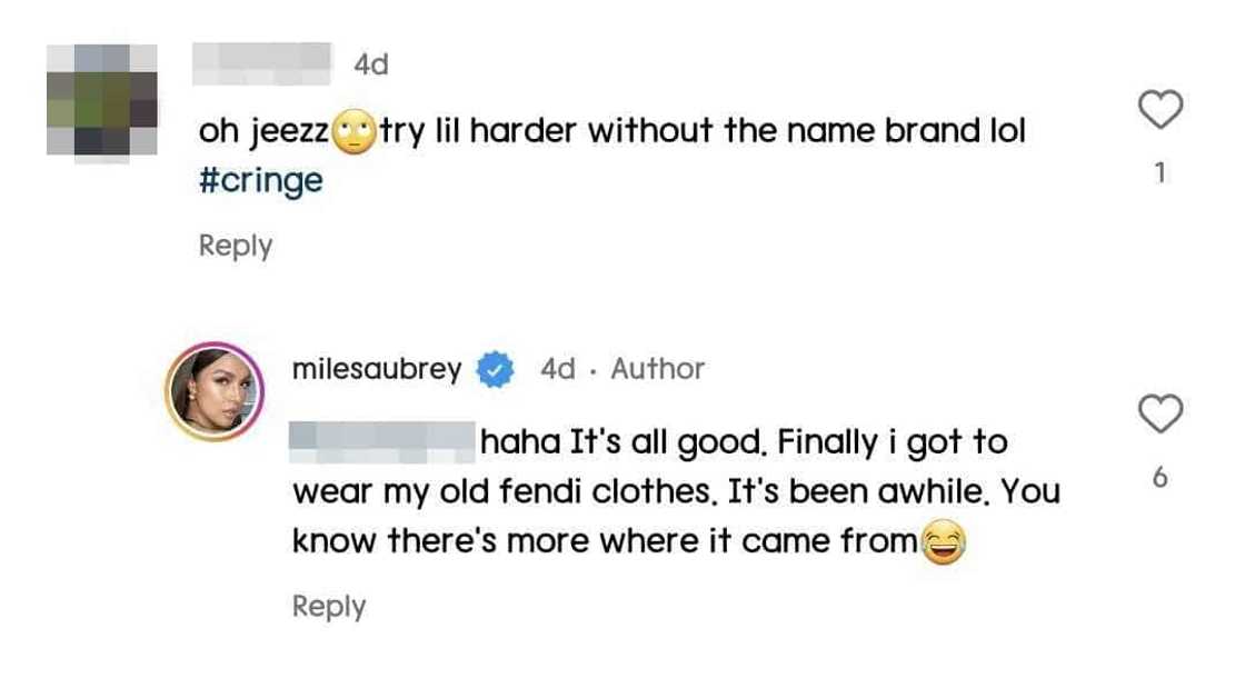 Aubrey Miles calmly responds to netizen who called out her 'Fendi' outfit: "It's all good" Aubrey Miles calmly responds to netizen who called out her 'Fendi' outfit: "It's all good"