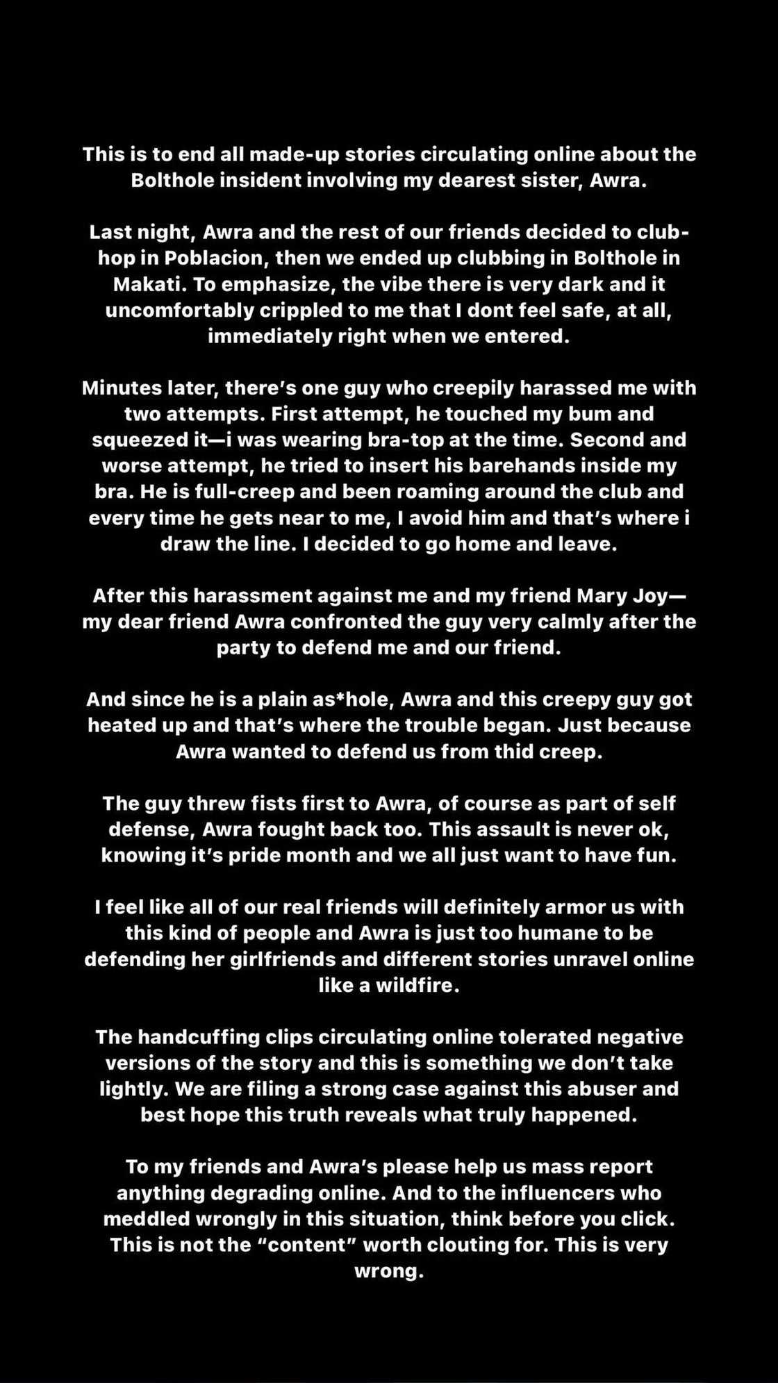 Isa sa kaibigan ni Awra Briguela, sinabing pinagtanggol lang sila nito Isa sa kaibigan ni Awra Briguela, sinabing pinagtanggol lang sila nito