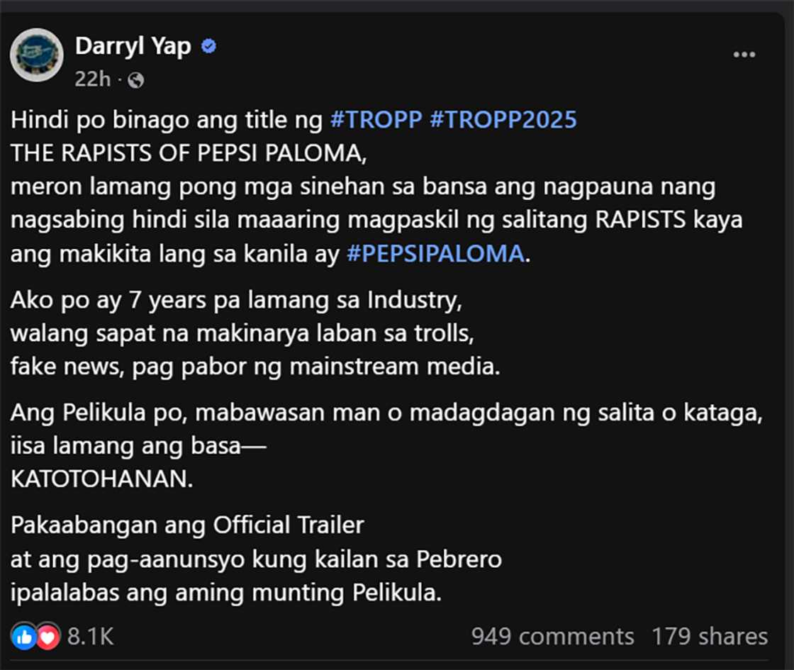 Darryl Yap responds to netizen who said he changed the title of #TROPP: “It hasn't been changed.”