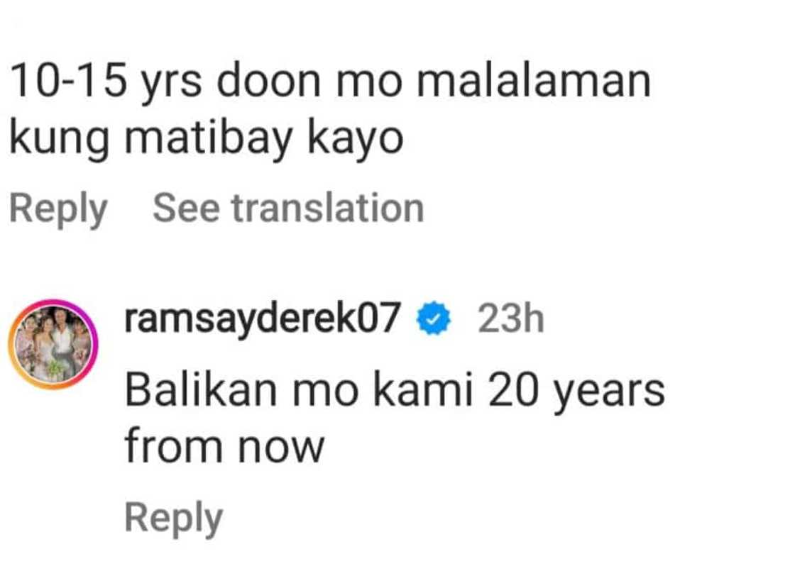 Derek Ramsay reacts to netizen who said: “10-15 years malalaman kung matibay kayo” Derek Ramsay reacts to netizen who said: “10-15 years malalaman kung matibay kayo”