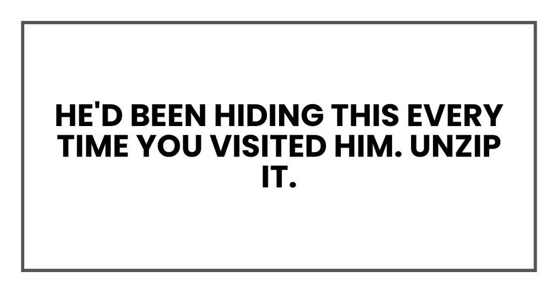 He'd been hiding this every time you visited him. Unzip it. He'd been hiding this every time you visited him. Unzip it.