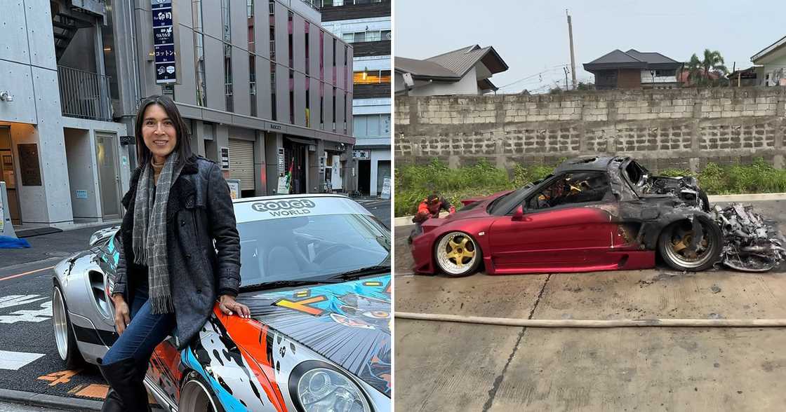 Angie Mead King sports car, halos abo na lang ang bandang likuran nang lumiyab sa gitna ng SLEX Angie Mead King sports car, halos abo na lang ang bandang likuran nang lumiyab sa gitna ng SLEX