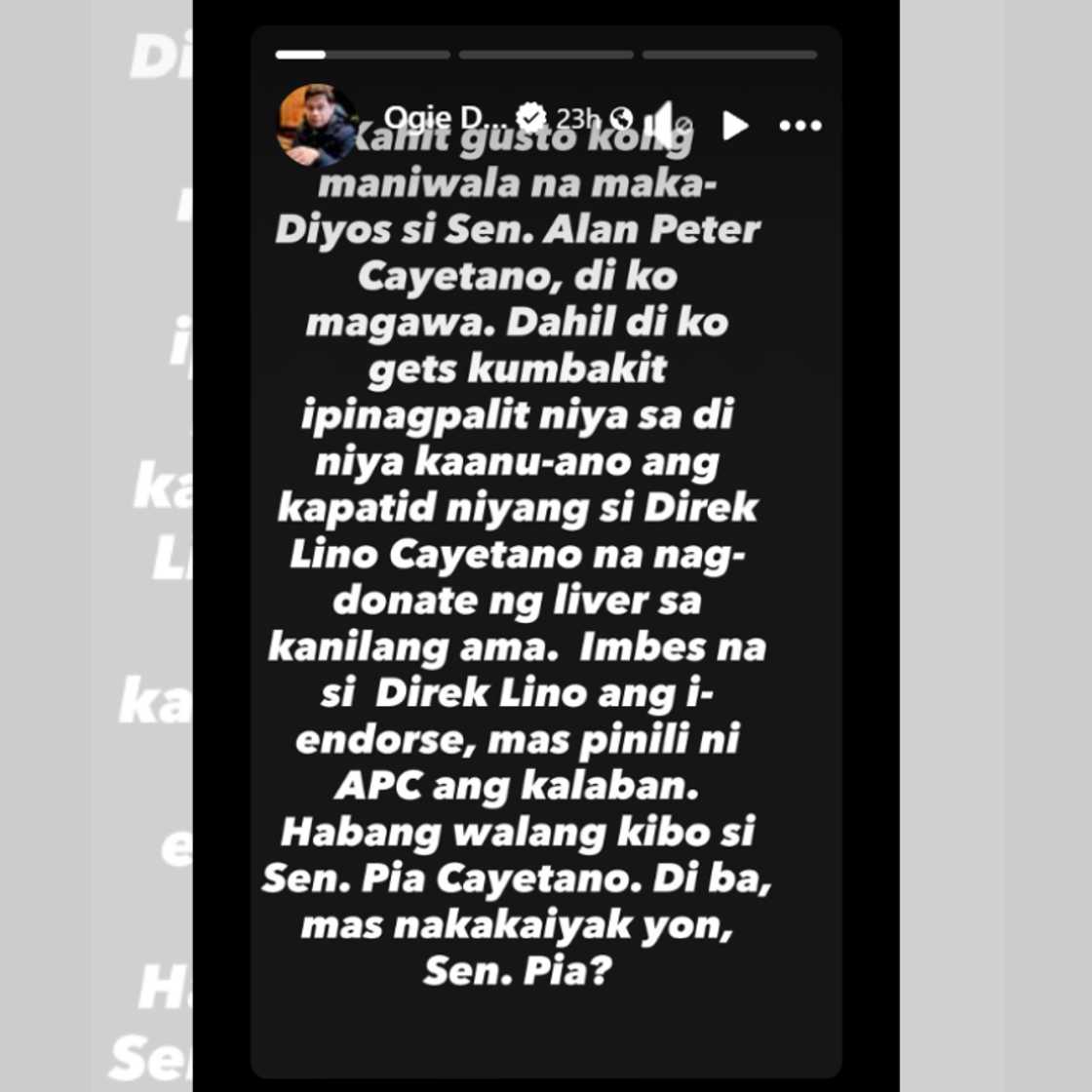 Ogie Diaz, kinuwestyon ang pagiging maka-Diyos ni Alan Peter Cayetano dahil sa isyu sa pamilya