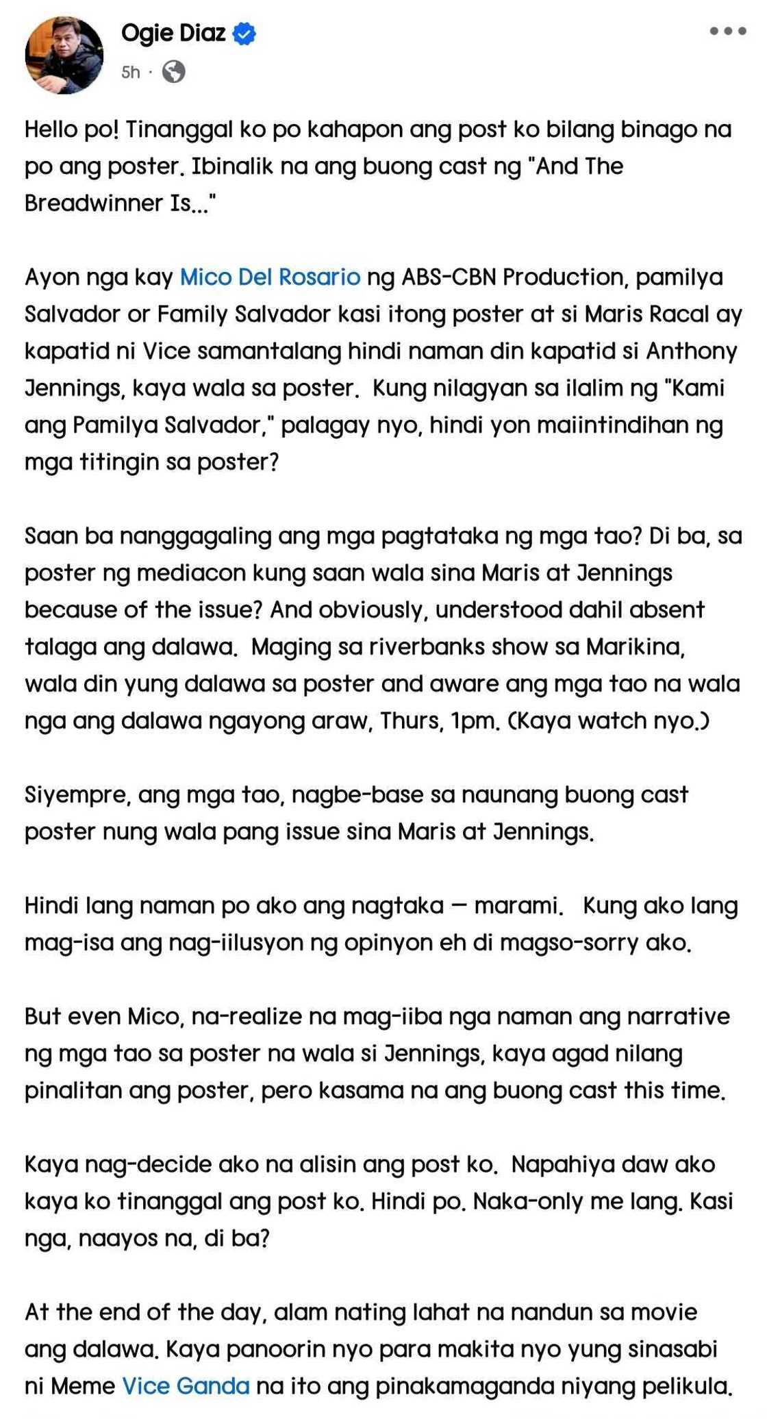 Ogie Diaz explains why he removed his post about 'And The Breadwinner Is' poster Ogie Diaz explains why he removed his post about 'And The Breadwinner Is' poster