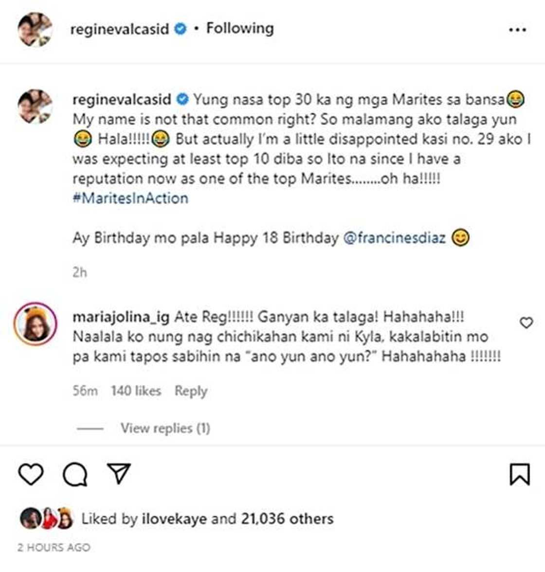 Regine Velasquez posts hilarious pic while trying to eavesdrop on Francine Diaz