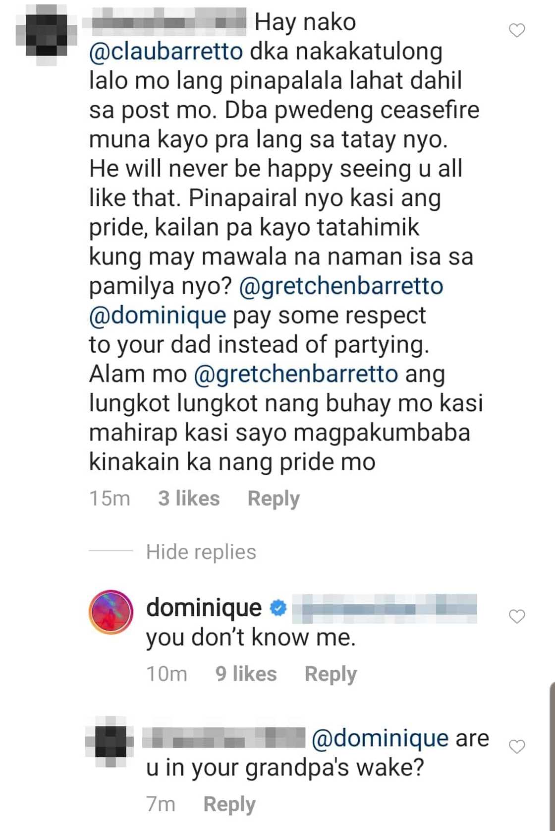 Dominique Cojuangco responds to netizen's strong opinion amid Barretto feud