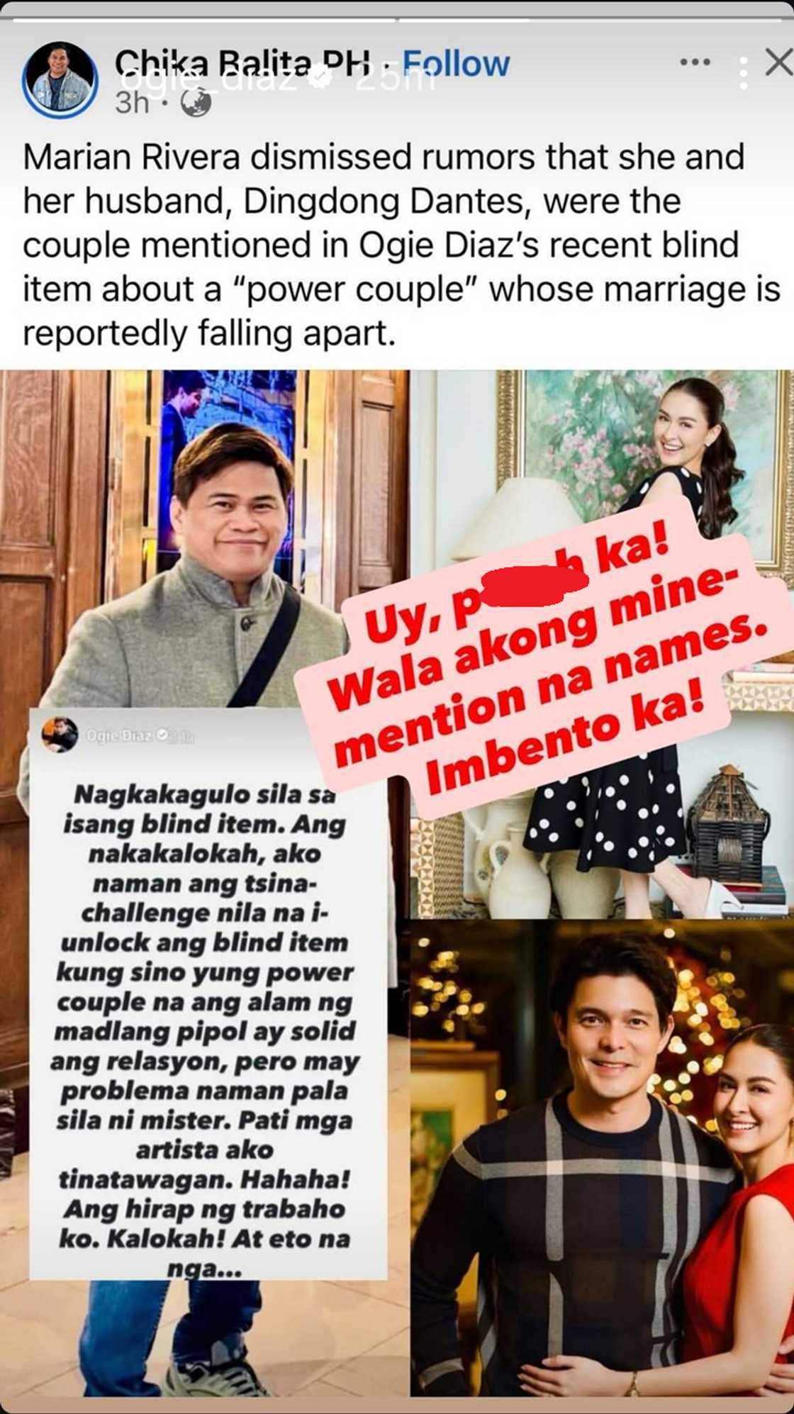Ogie Diaz breaks silence on blind item dragging Marian Rivera and Dingdong Dantes