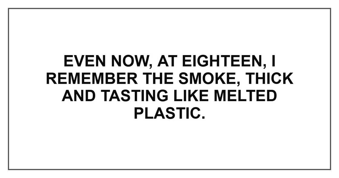 Even now, at eighteen, I remember the smoke, thick and tasting like melted plastic. Even now, at eighteen, I remember the smoke, thick and tasting like melted plastic.