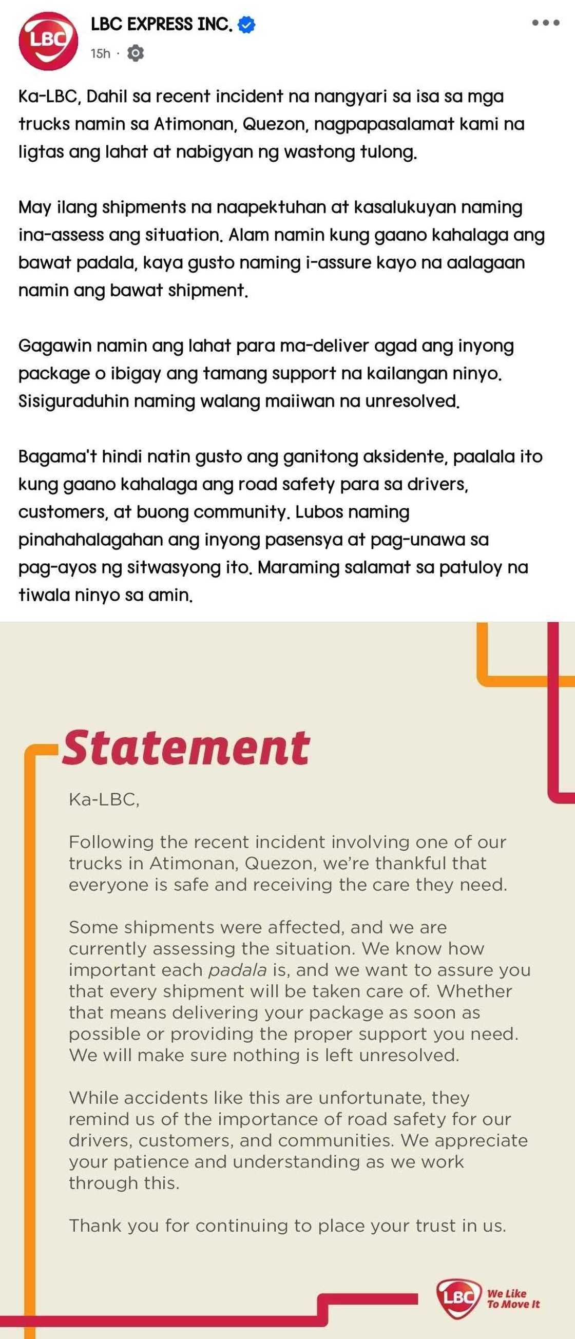 LBC, naglabas na ng pahayag ukol sa insidente ng kanilang delivery truck sa Atimonan LBC, naglabas na ng pahayag ukol sa insidente ng kanilang delivery truck sa Atimonan