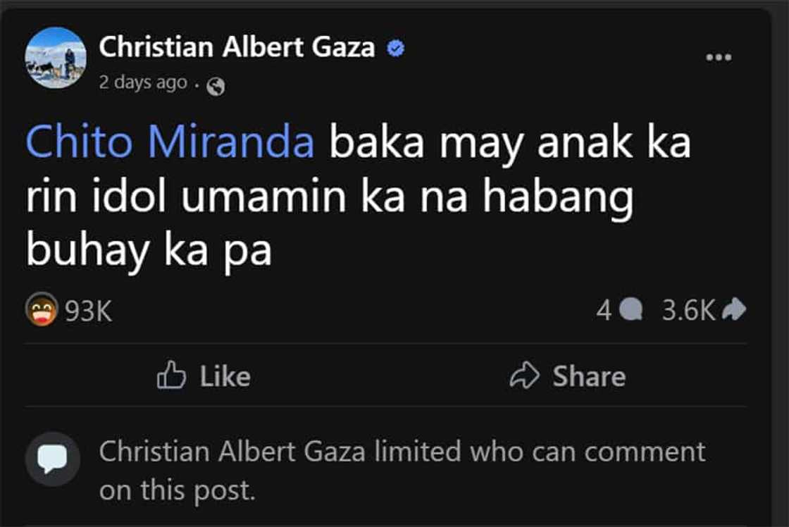 Xian Gaza, nagbigay ng payo kay Chito Miranda: “Baka may anak ka rin idol umamin ka na” Xian Gaza, nagbigay ng payo kay Chito Miranda: “Baka may anak ka rin idol umamin ka na”