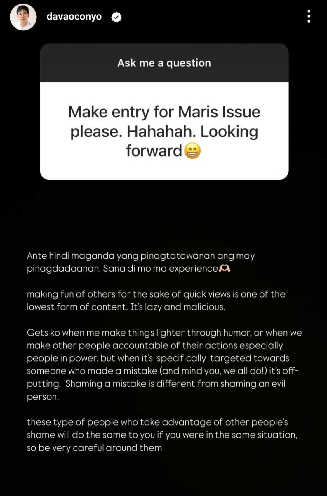 Davao Conyo, sinupalpal ang netizen na humiling ng content tungkol kay Maris Racal Davao Conyo, sinupalpal ang netizen na humiling ng content tungkol kay Maris Racal