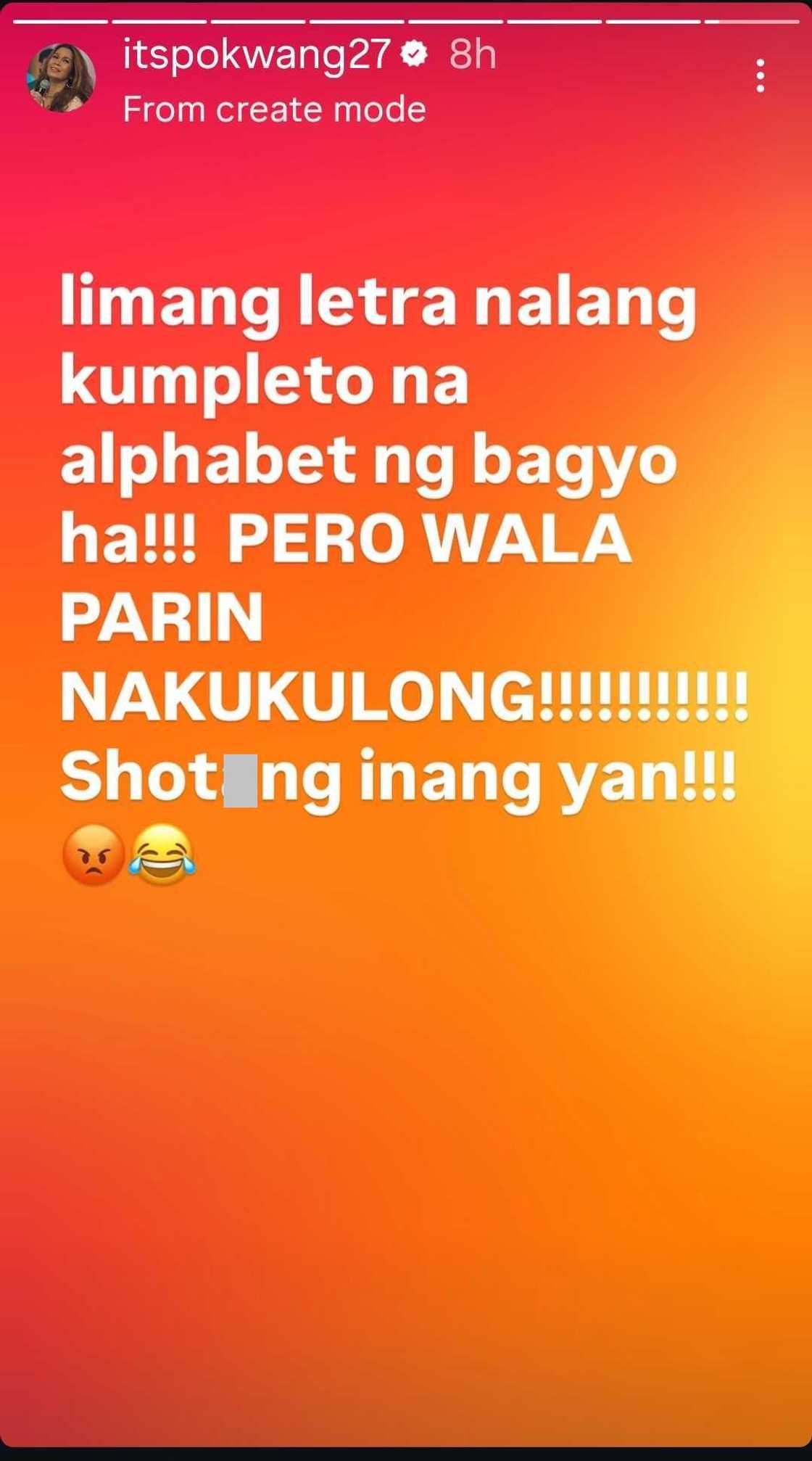 Pokwang criticizes lack of accountability amid typhoons: “Limang letra na lang kumpleto na alphabet” Pokwang criticizes lack of accountability amid typhoons: “Limang letra na lang kumpleto na alphabet”