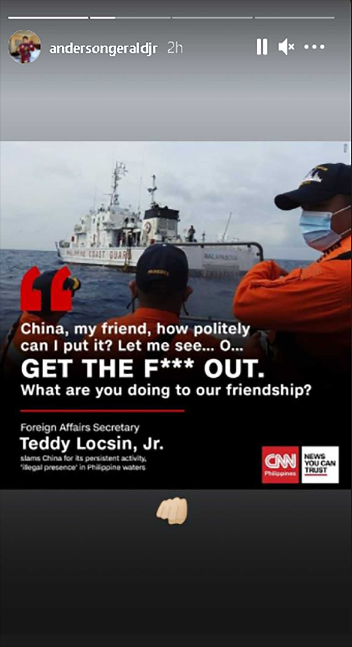 Gerald Anderson, ni-repost ang post ni Sec. Teddy Locsin na pagmumura at pagpapalayas sa China