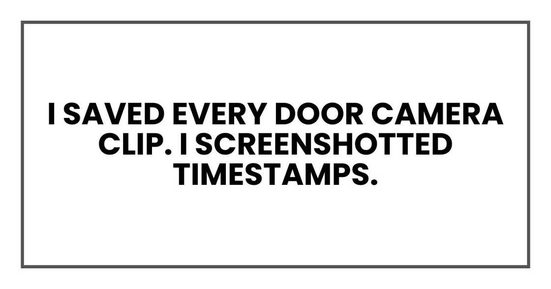 I saved every door camera clip. I screenshotted timestamps. I saved every door camera clip. I screenshotted timestamps.